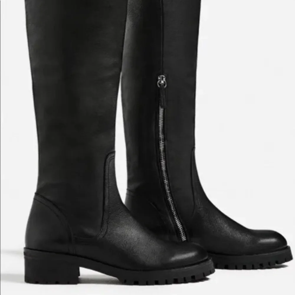 ZARA Leather 2 Buckle Over The Knee Lug Sole Tall Boots - Picture 4 of 13